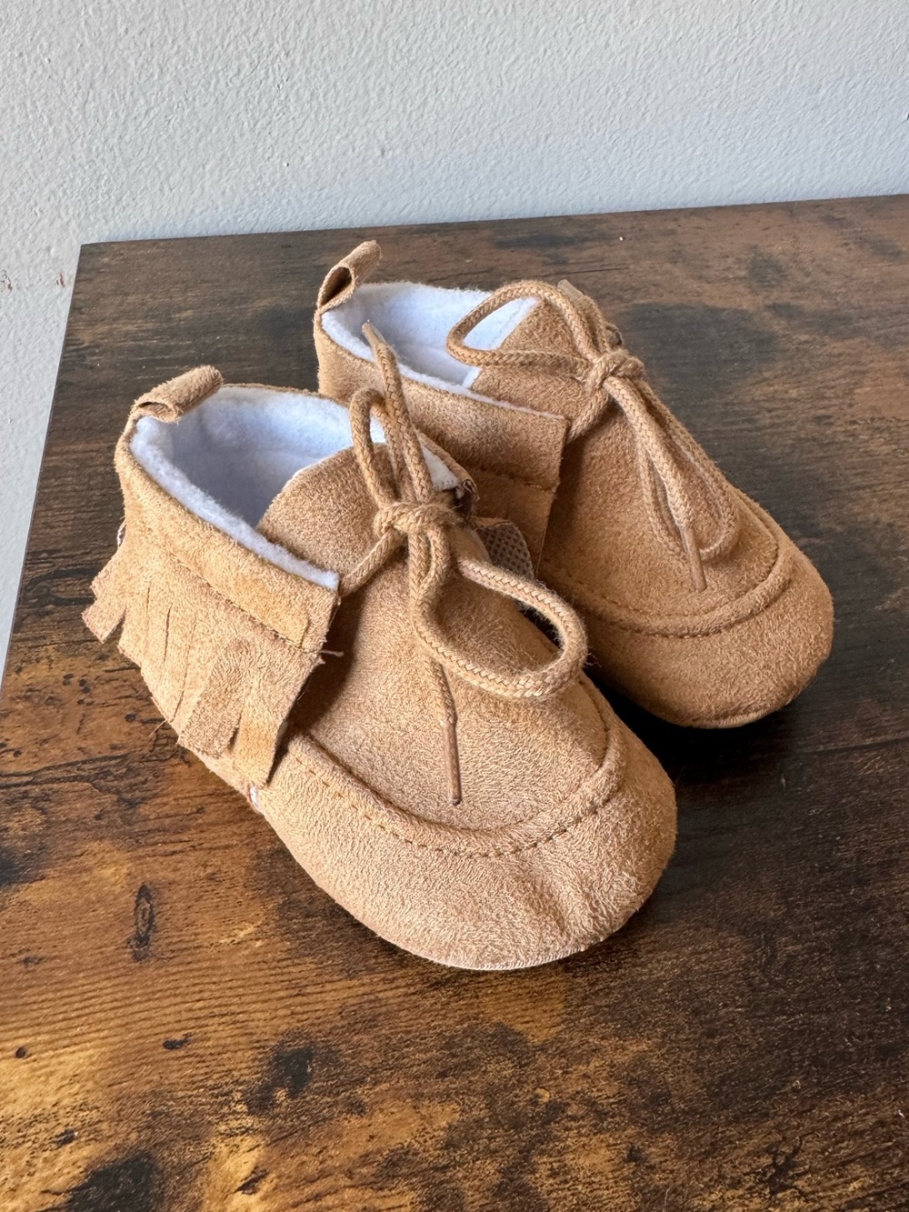 Little Me Tan Suede Fringe Moccasin Booties Baby Shoes Fleece Lined Size 3